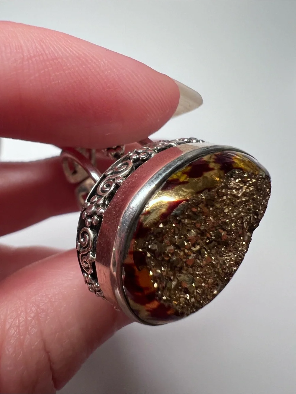 Sajen 925 Sterling Silver Gold Druzy Teardrop Bezel Cocktail Ring Size 6